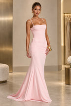 Elegant Mermaid Straight Neck Spaghetti Strap Lace Up Back Floor Length Wedding Guest Dress