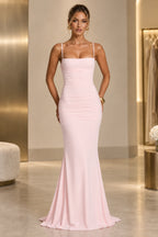 Elegant Mermaid Straight Neck Spaghetti Strap Lace Up Back Floor Length Wedding Guest Dress