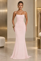 Elegant Mermaid Straight Neck Spaghetti Strap Lace Up Back Floor Length Wedding Guest Dress