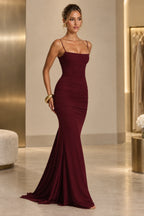Elegant Mermaid Straight Neck Spaghetti Strap Lace Up Back Floor Length Wedding Guest Dress