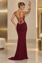 Elegant Mermaid Straight Neck Spaghetti Strap Lace Up Back Floor Length Wedding Guest Dress