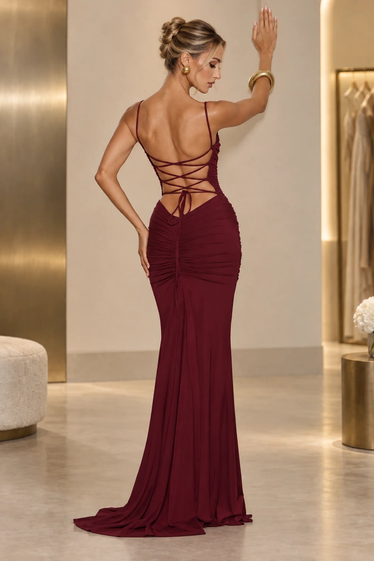Elegant Mermaid Straight Neck Spaghetti Strap Lace Up Back Floor Length Wedding Guest Dress