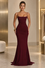 Elegant Mermaid Straight Neck Spaghetti Strap Lace Up Back Floor Length Wedding Guest Dress