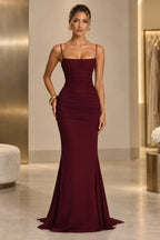Elegant Mermaid Straight Neck Spaghetti Strap Lace Up Back Floor Length Wedding Guest Dress