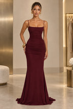 Elegant Mermaid Straight Neck Spaghetti Strap Lace Up Back Floor Length Wedding Guest Dress