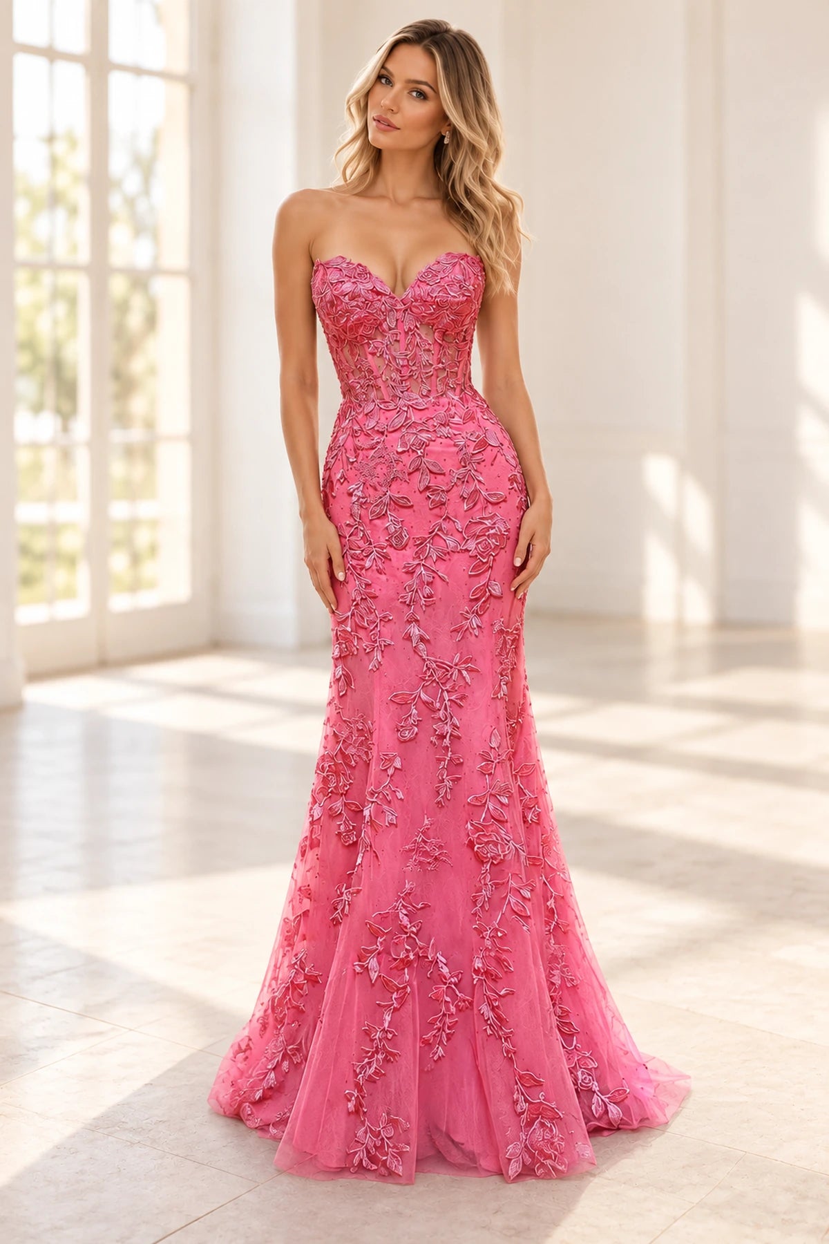 Bright pink mermaid prom dress with strapless sweetheart neckline, sheer floral lace corset bodice, intricate appliqués and floor-length tulle skirt.