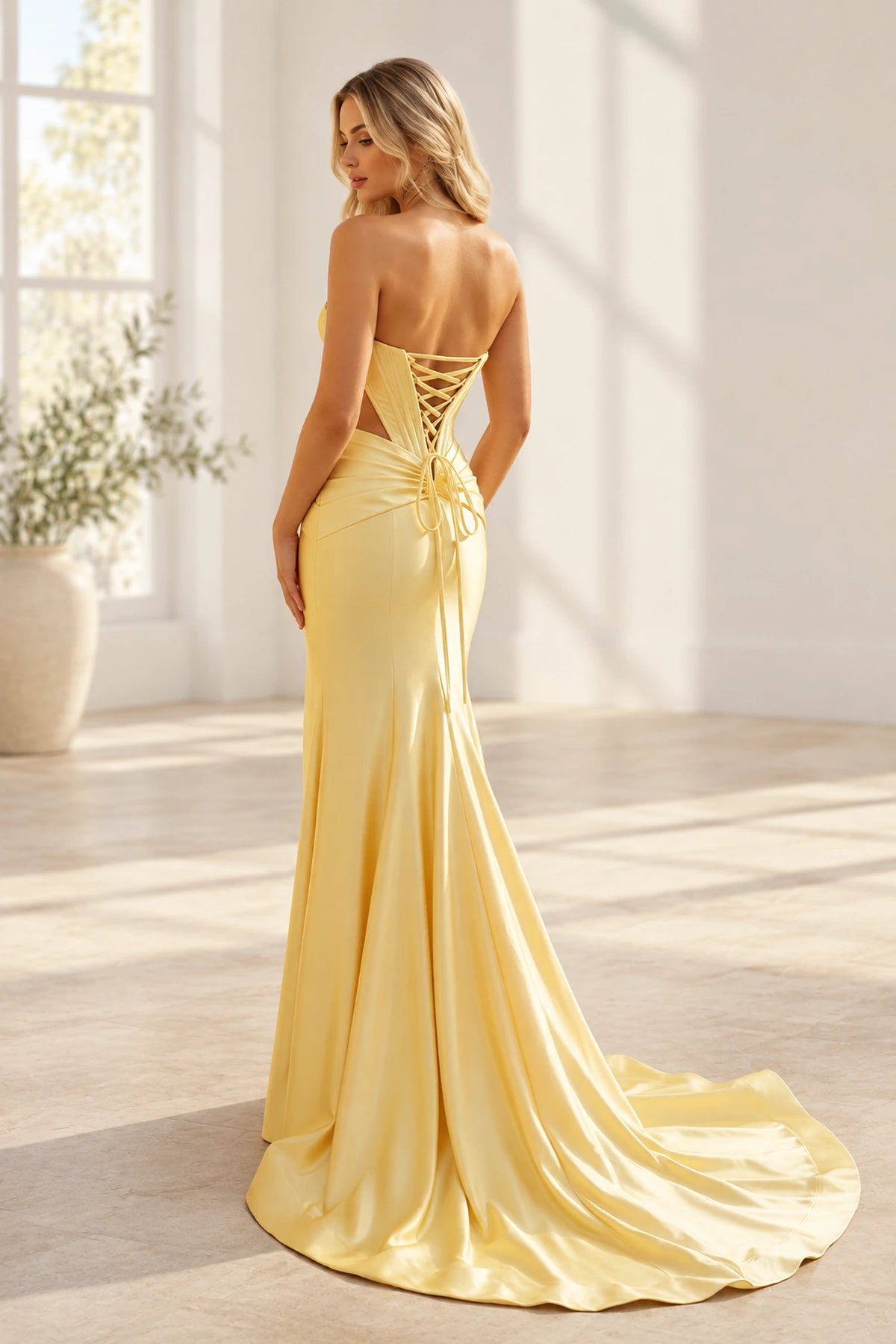 Back view of butter yellow mermaid prom dress featuring adjustable lace-up corset closure, open side panels and flowing satin-style sweep train.