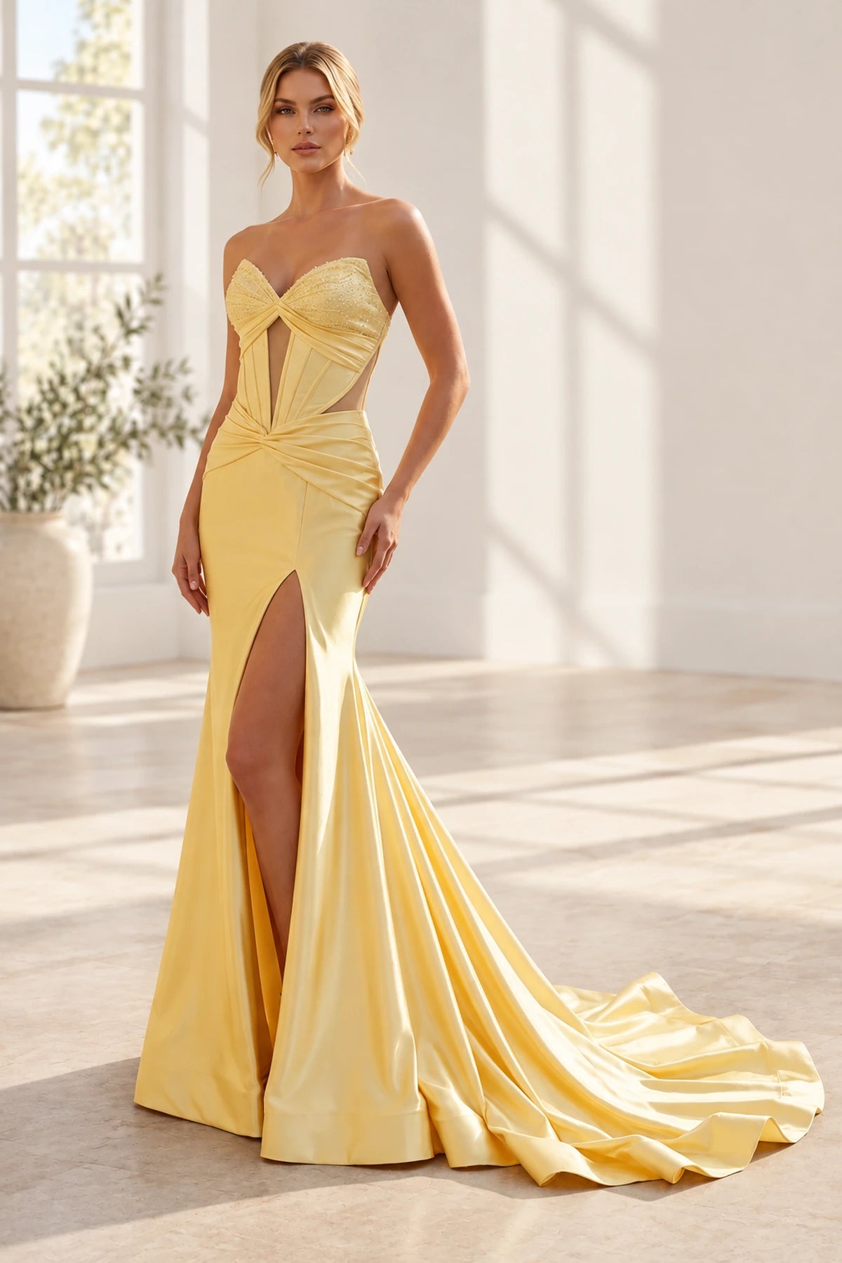 Butter yellow mermaid prom dress with strapless sweetheart neckline, beaded corset bodice, ruched waist, thigh-high slit and satin-style sweep train.