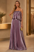 Metallic mauve strapless floor-length wedding guest dress with pleated skirt