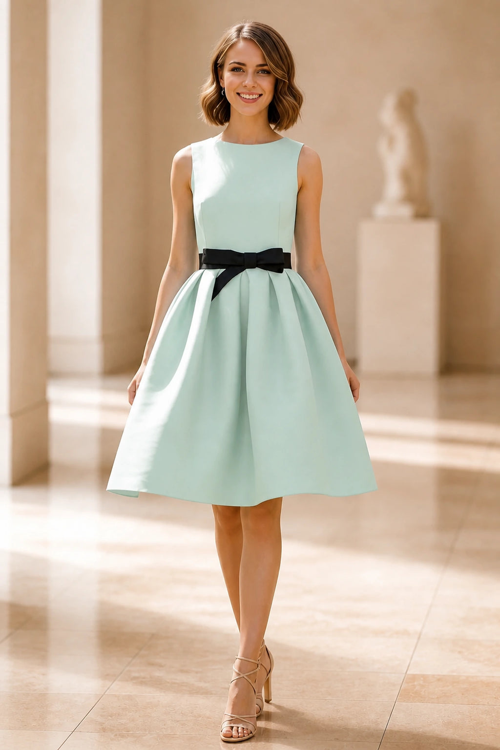 Mint A-line knee-length wedding guest dress with black bow waist by GraceProm