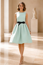 Mint A-line knee-length wedding guest dress with black bow waist by GraceProm