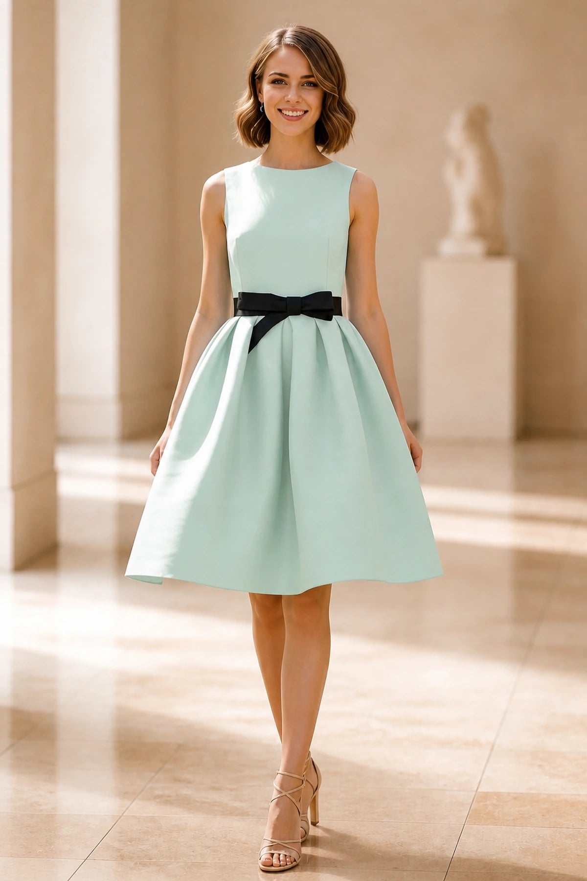 Mint A-line knee-length wedding guest dress with black bow waist by GraceProm