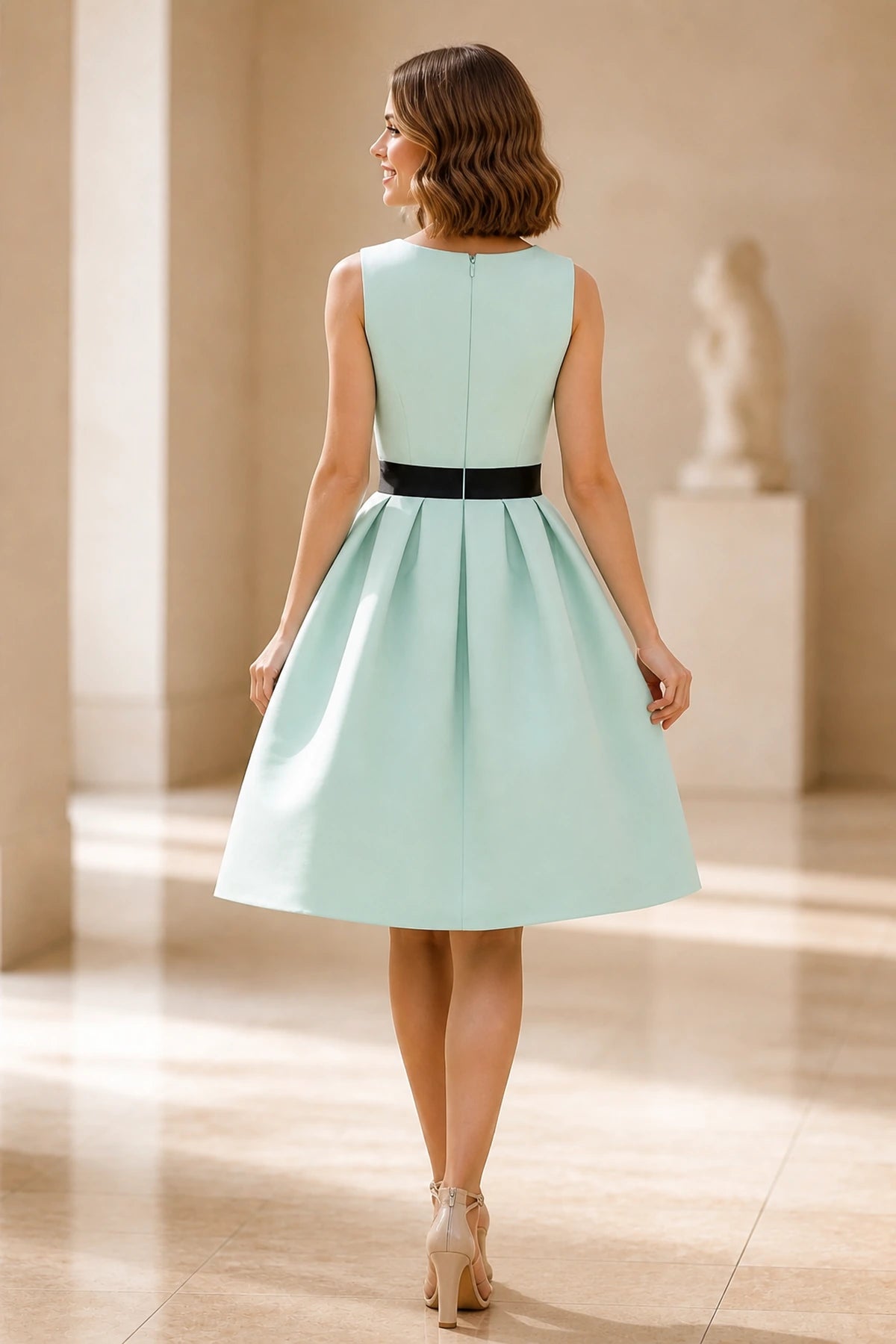 Back view of mint sleeveless wedding guest dress with black waist detail and center zipper by GraceProm