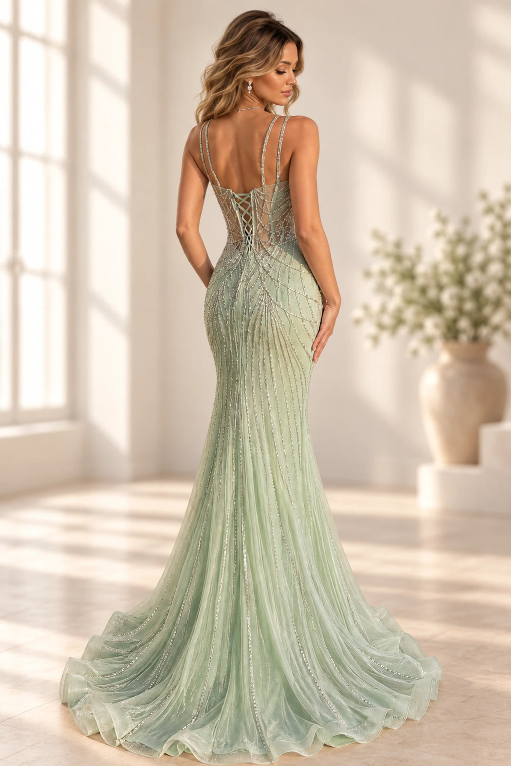 Mint green mermaid prom dress with lace up corset back, beaded details and flowing tulle skirt