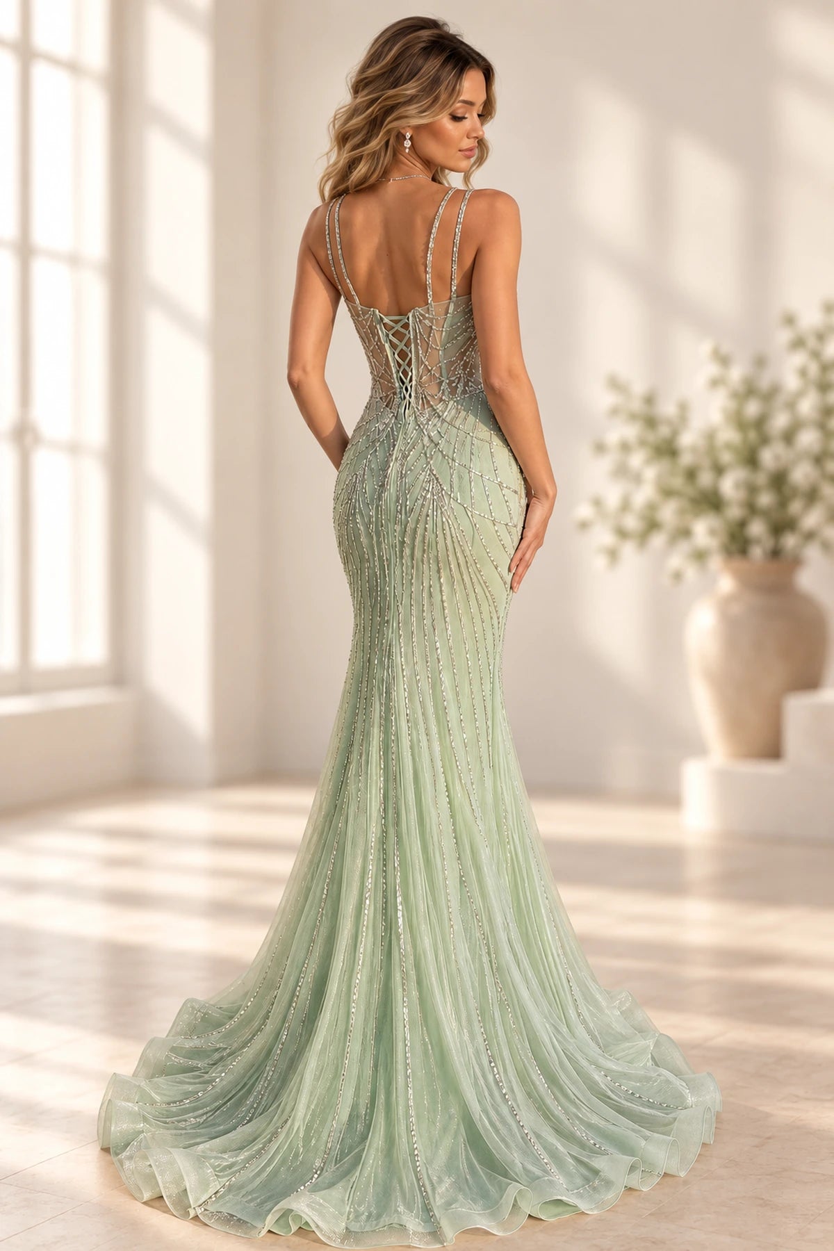 Mint green mermaid prom dress with lace up corset back, beaded details and flowing tulle skirt