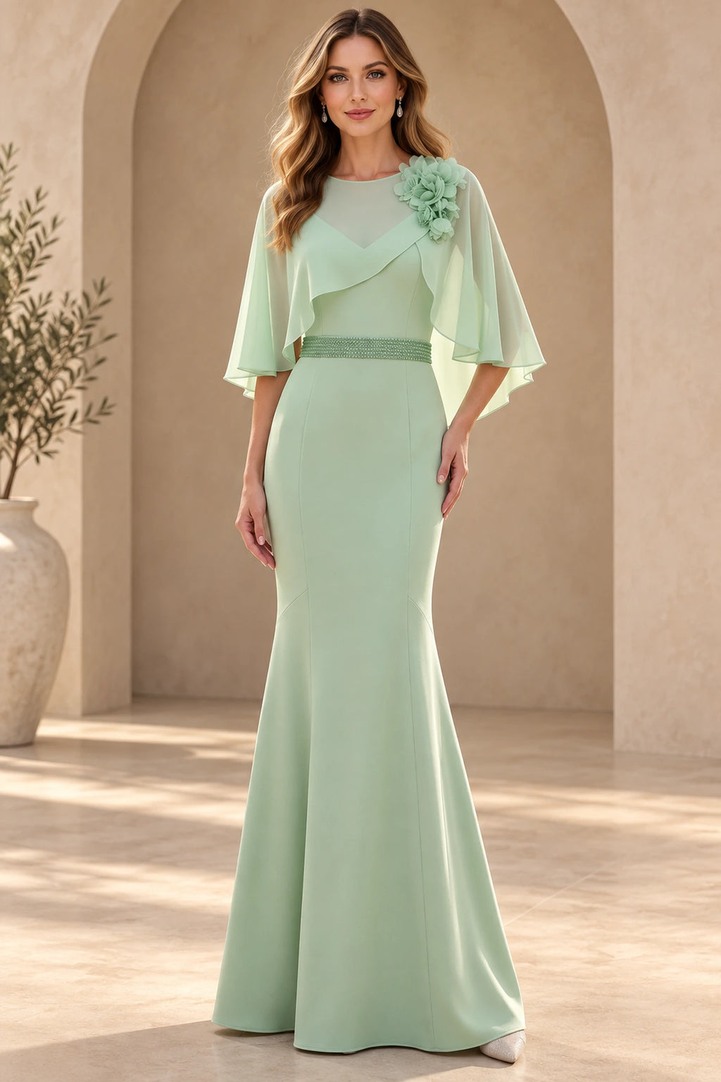 Mint green mermaid mother of the bride dress with bateau neckline cape sleeves floral shoulder applique and beaded waist