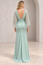 Back view of mint green mother of the bride dress with deep V open back embellished cape sleeves zipper and floor-length sheath skirt