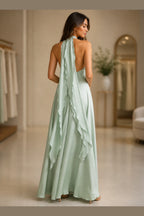 Graceprom mint green halter prom dress with open back long draped ties and flowing A line skirt