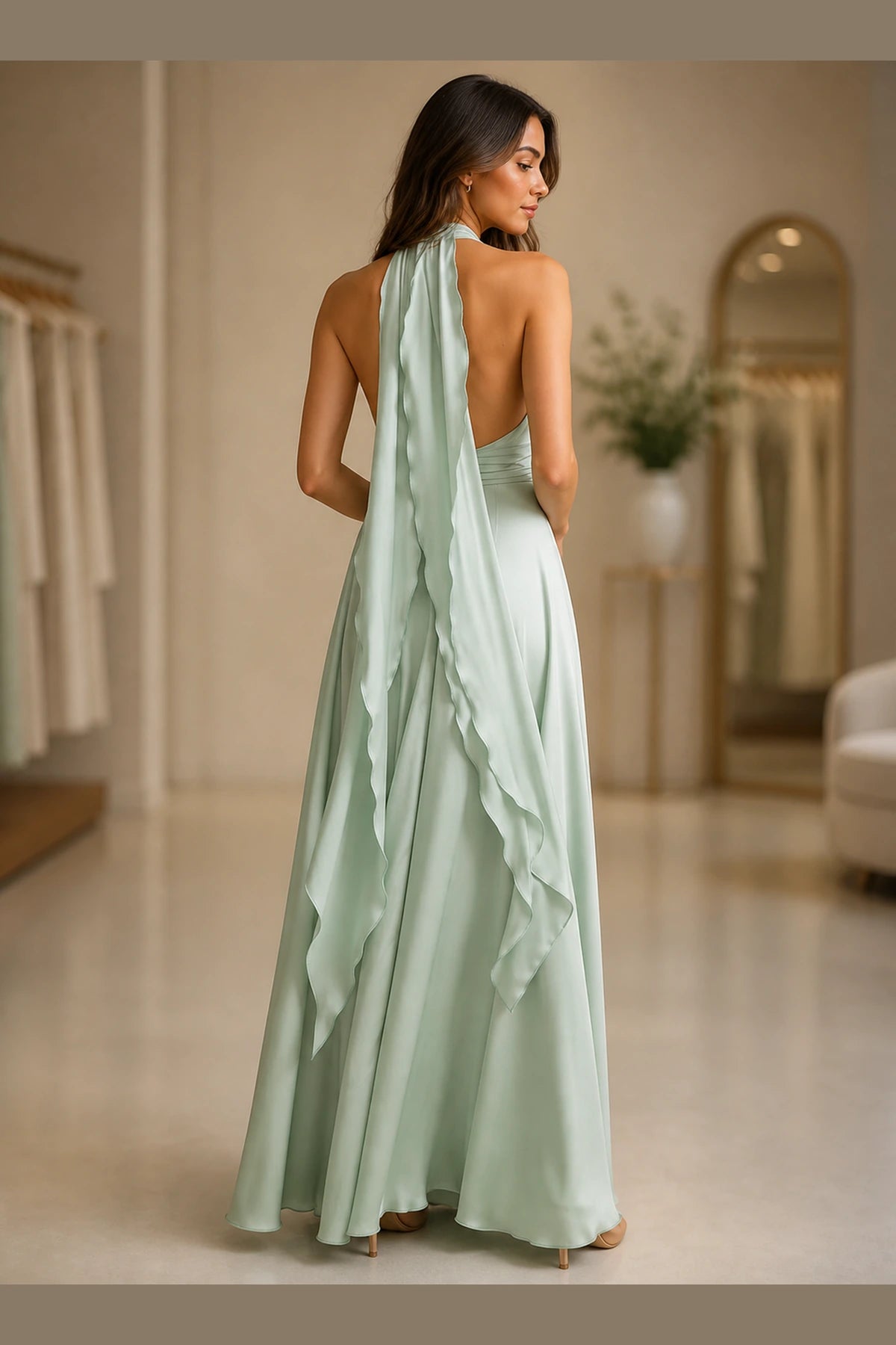 Graceprom mint green halter prom dress with open back long draped ties and flowing A line skirt