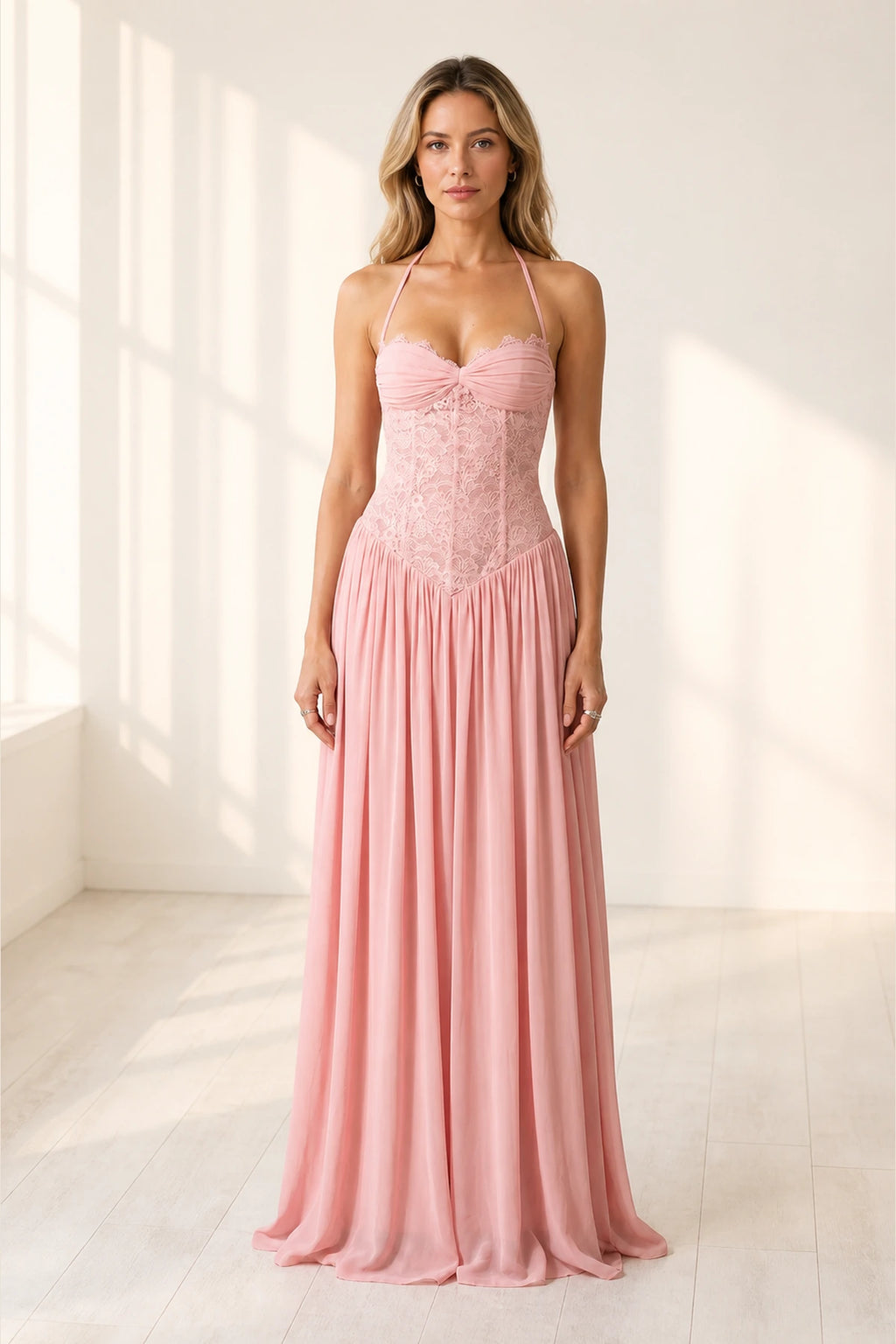 Romantic A-Line Sweetheart Halter Sleeveless Lace-Up-Back Floor-Length Wedding Guest Dress