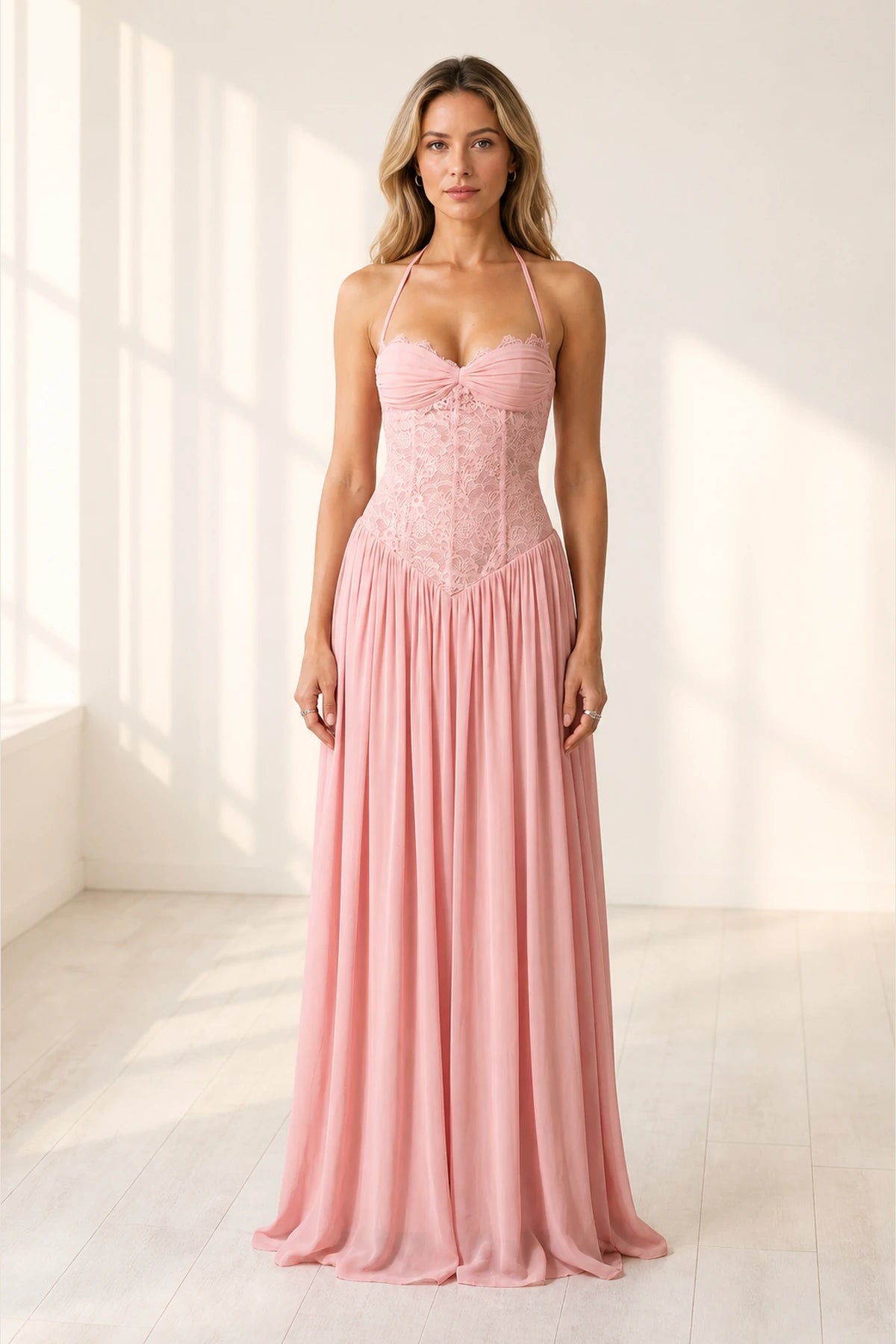 Romantic A-Line Sweetheart Halter Sleeveless Lace-Up-Back Floor-Length Wedding Guest Dress