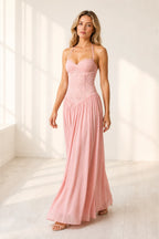 Romantic A-Line Sweetheart Halter Sleeveless Lace-Up-Back Floor-Length Wedding Guest Dress