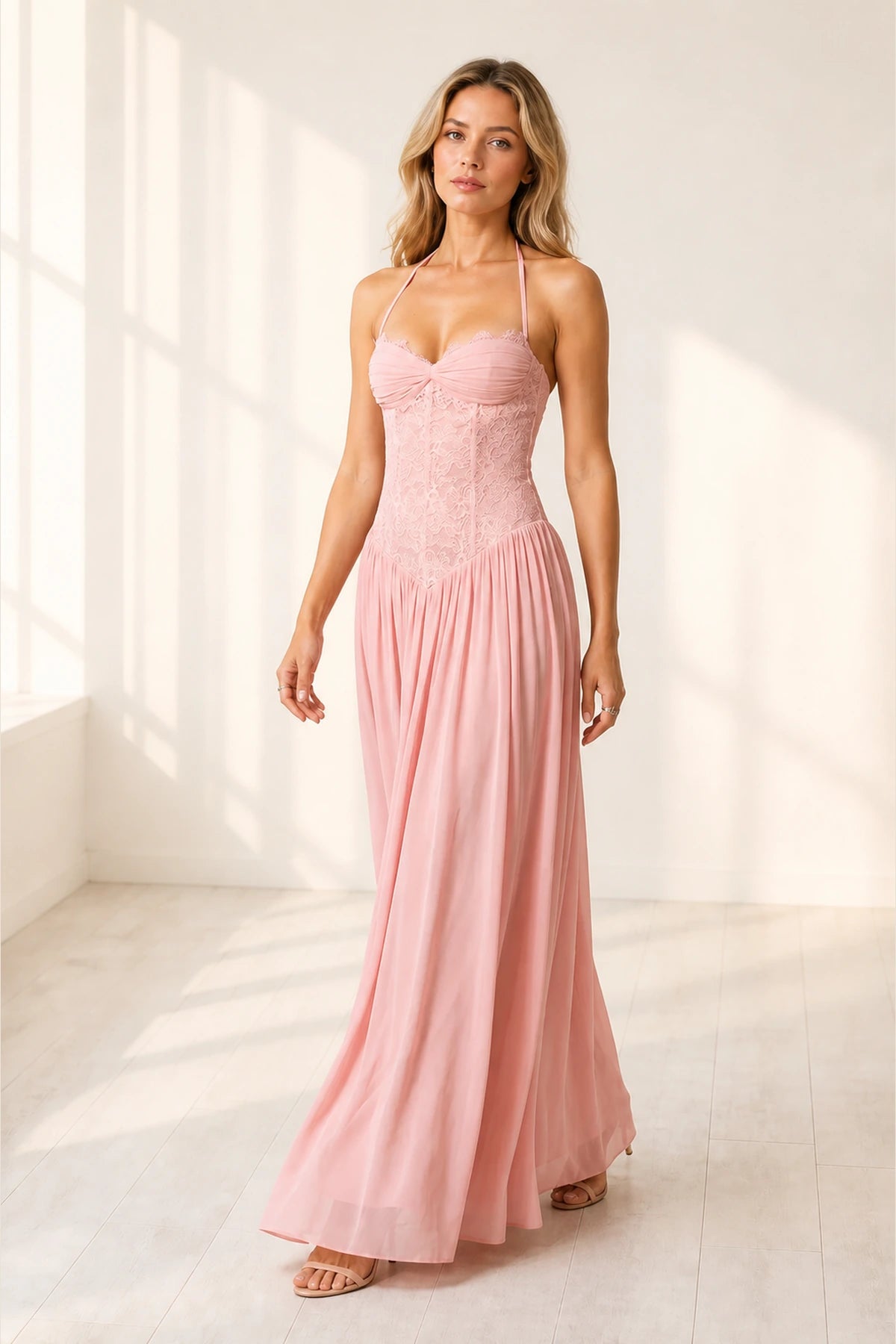 Romantic A-Line Sweetheart Halter Sleeveless Lace-Up-Back Floor-Length Wedding Guest Dress
