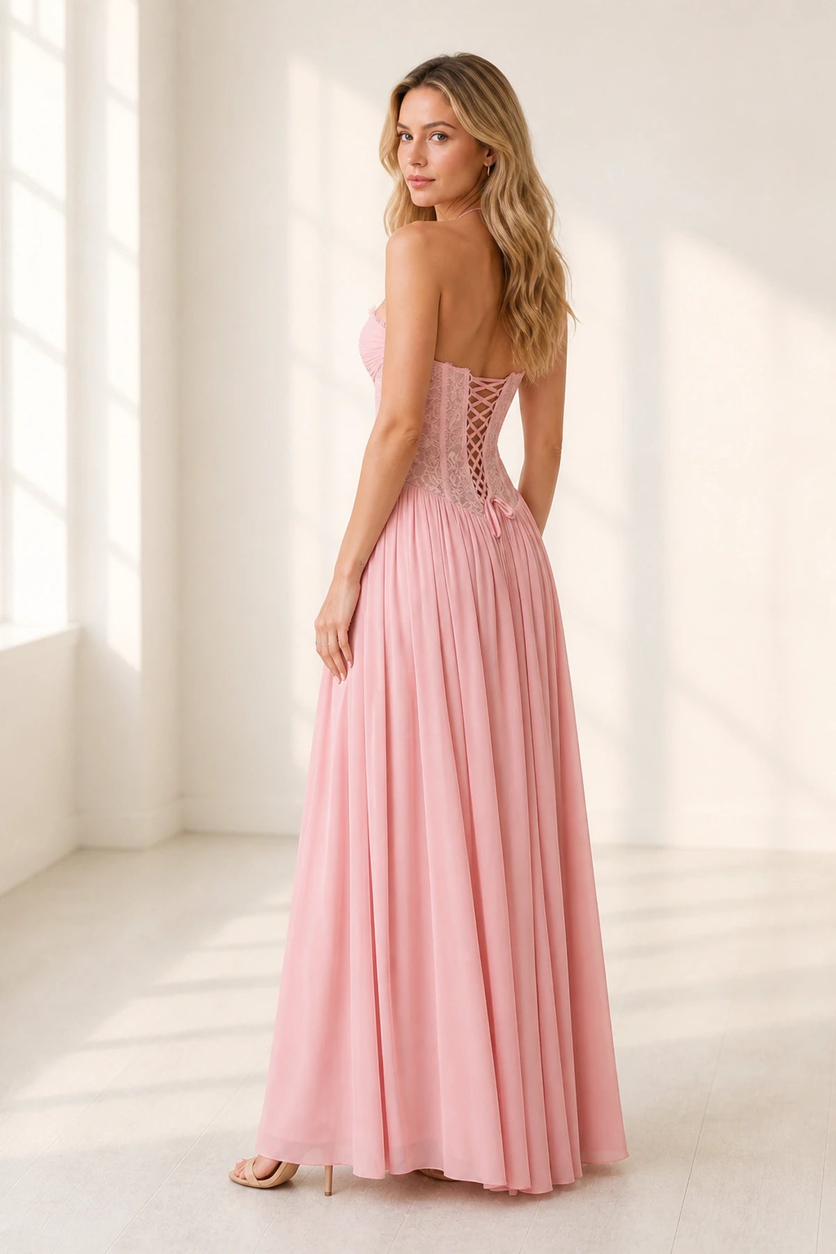 Romantic A-Line Sweetheart Halter Sleeveless Lace-Up-Back Floor-Length Wedding Guest Dress