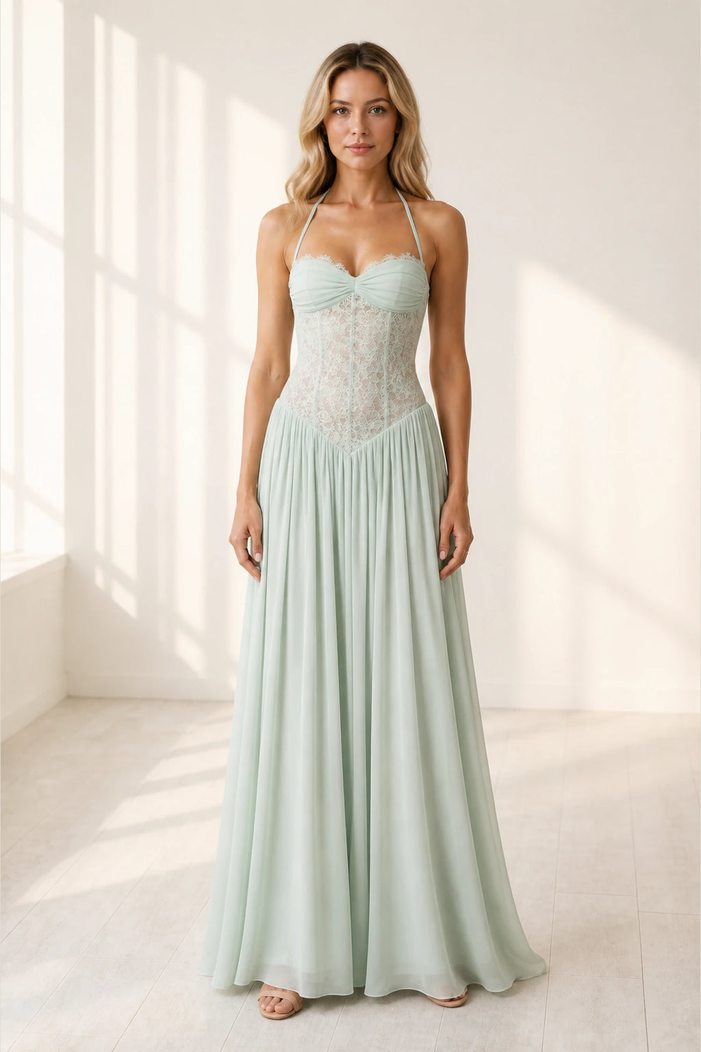 Mint green halter lace bodice A-line floor length wedding guest dress front view