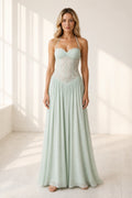 Mint green halter lace bodice A-line floor length wedding guest dress front view