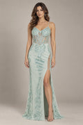 Mint green lace mermaid prom dress with V neck floral embroidery and side slit