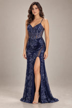 Elegant Mermaid V Neck Sleeveless Lace Backless Floor Length Prom Dress