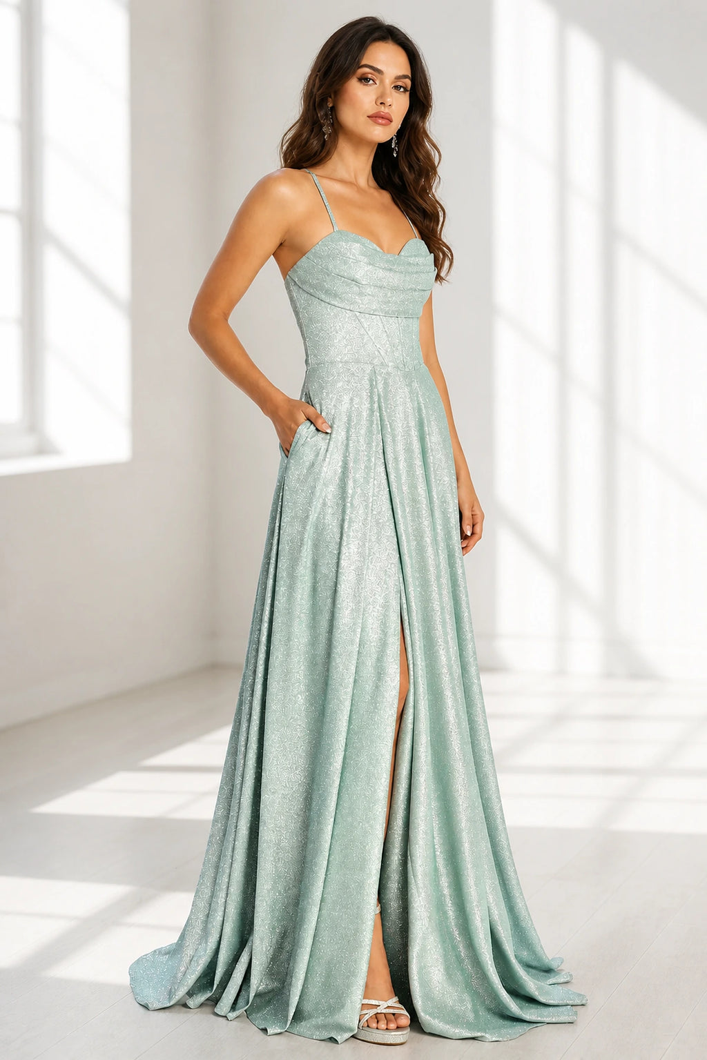 Mint green sweetheart spaghetti strap A-line floor length prom dress with slit front view