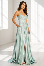 Mint green sweetheart spaghetti strap A-line floor length prom dress with slit front view