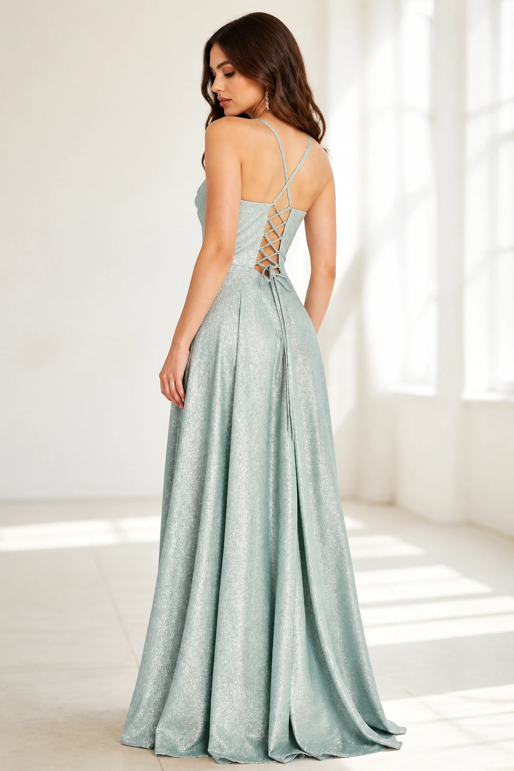 Mint green lace-up back spaghetti strap floor length prom dress back view