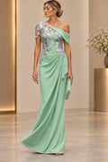 Mint green sheath Mother of the Bride Dress with one-shoulder neckline, floral appliqués and ruched floor-length skirt