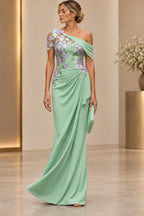 Mint green sheath Mother of the Bride Dress with one-shoulder neckline, floral appliqués and ruched floor-length skirt