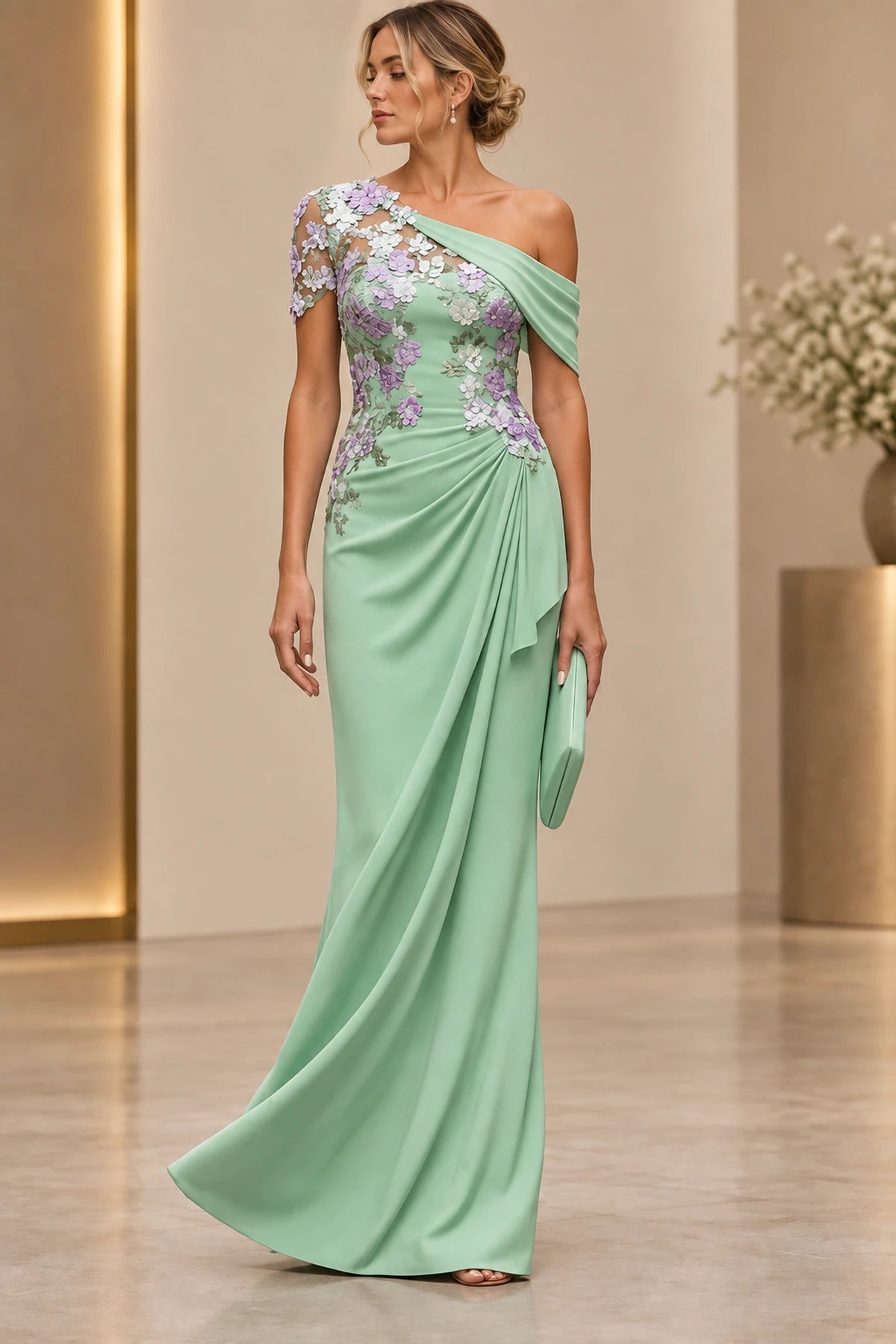 Mint green sheath Mother of the Bride Dress with one-shoulder neckline, floral appliqués and ruched floor-length skirt