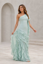 Mint green one-shoulder floor-length bridesmaid dress with cascading ruffle skirt