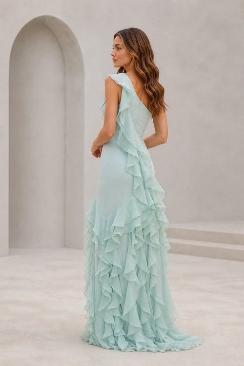 Mint green one-shoulder bridesmaid dress with cascading ruffles and asymmetrical back