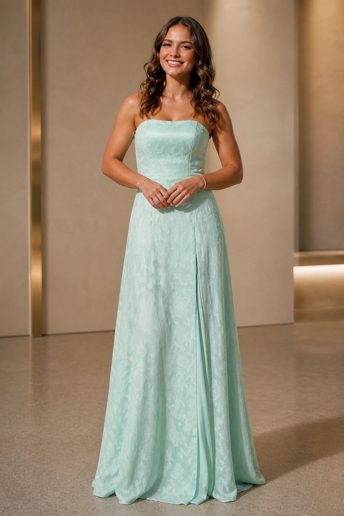 Graceful A-Line Straight Neck Strapless Cutout Back Floor-Length Wedding Guest Dress