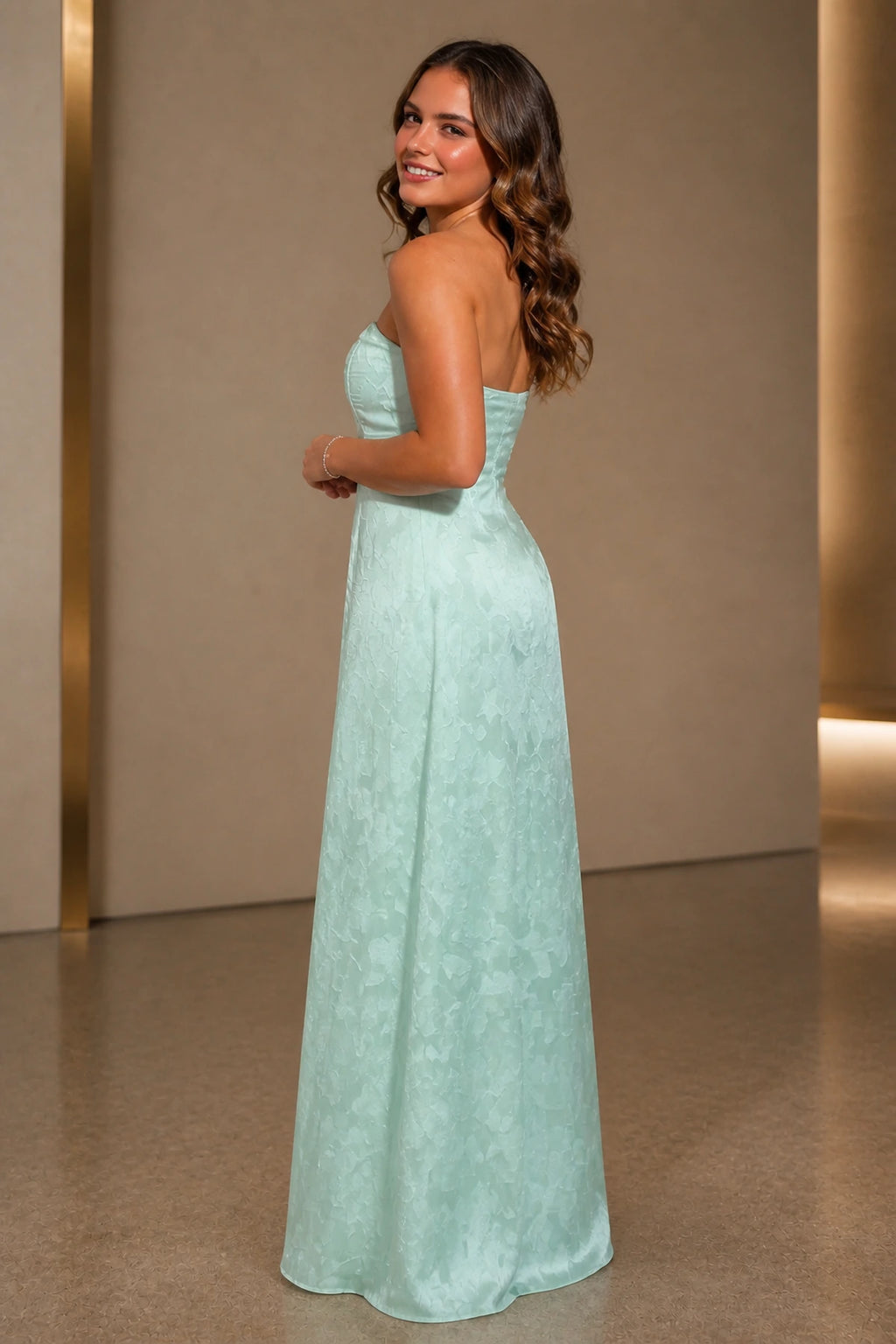 Graceful A-Line Straight Neck Strapless Cutout Back Floor-Length Wedding Guest Dress
