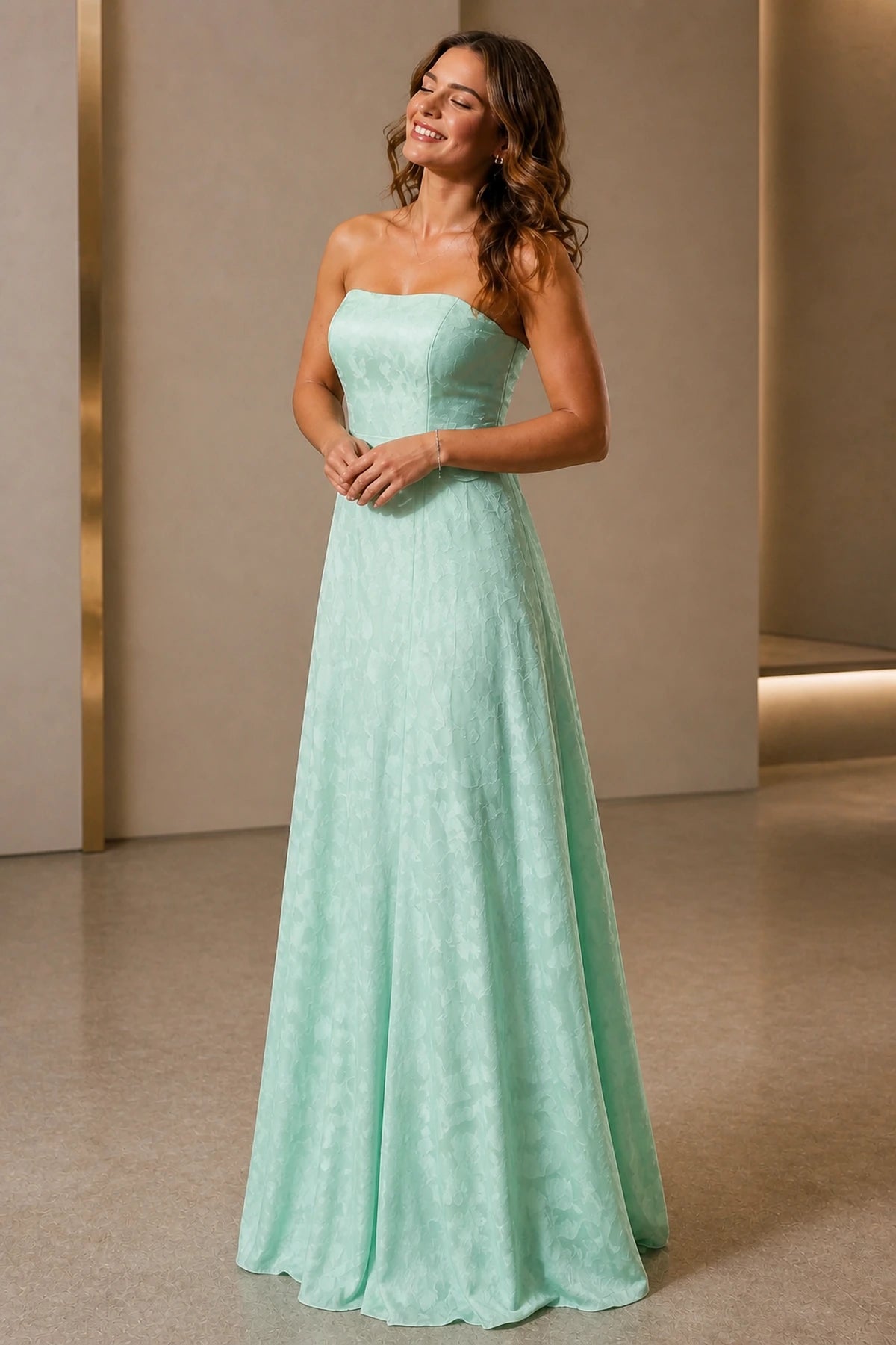 Graceful A-Line Straight Neck Strapless Cutout Back Floor-Length Wedding Guest Dress