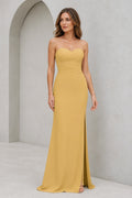 Mustard yellow bridesmaid dress with sweetheart neckline, strapless ruched bodice, side slit and floor-length sheath silhouette, front and back view