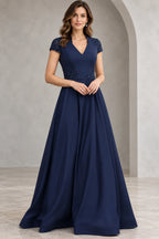 Navy Mother of the Bride Dress with V neck beaded short sleeves embellished waist and long A line skirt