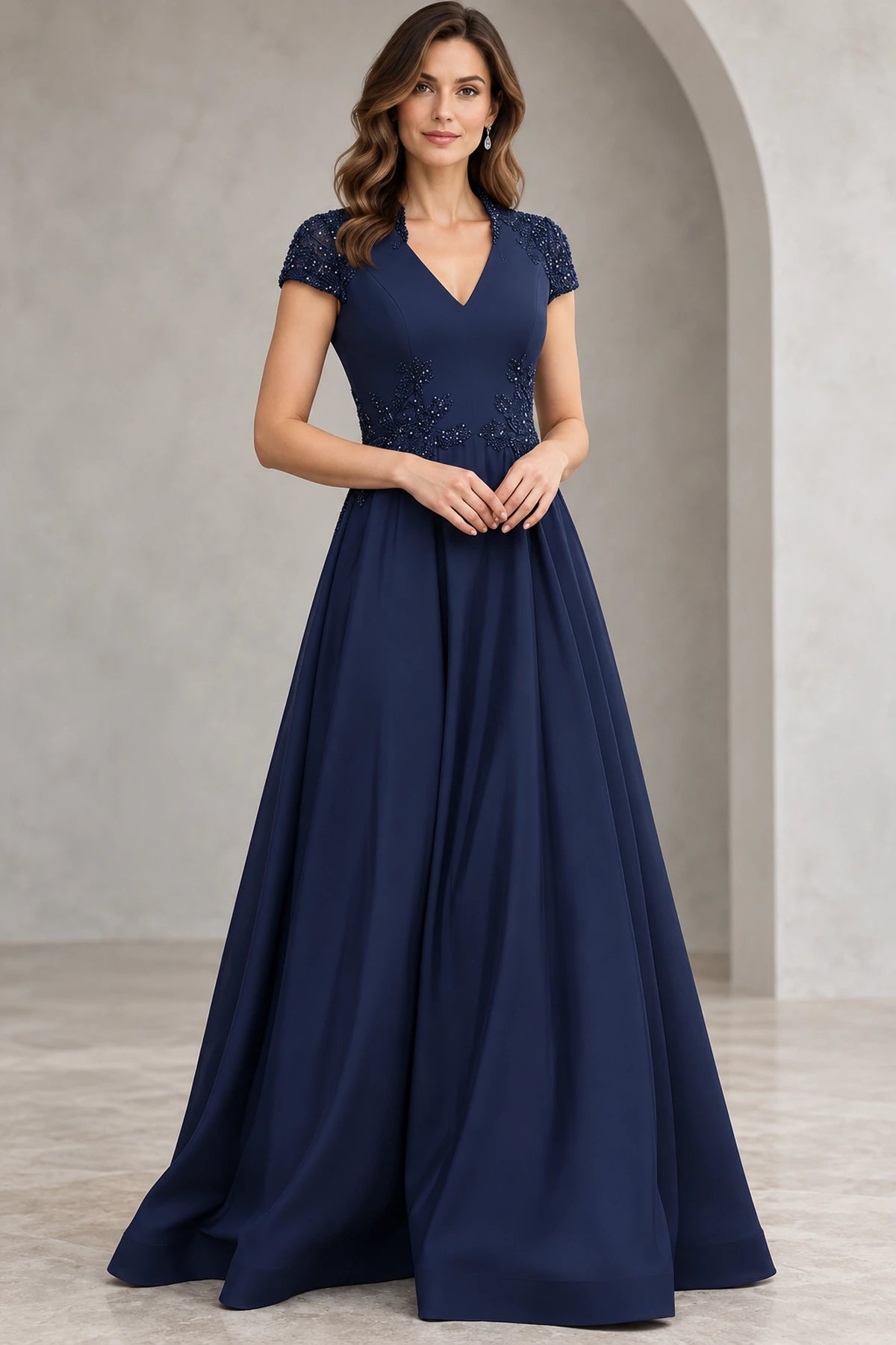 Navy Mother of the Bride Dress with V neck beaded short sleeves embellished waist and long A line skirt
