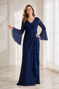 Navy Mother of the Bride Dress with V-neckline, sheer bell sleeves, ruched waist and floor-length skirt front view
