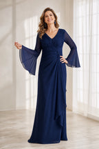 Navy Mother of the Bride Dress with V-neckline, sheer bell sleeves, ruched waist and floor-length skirt front view