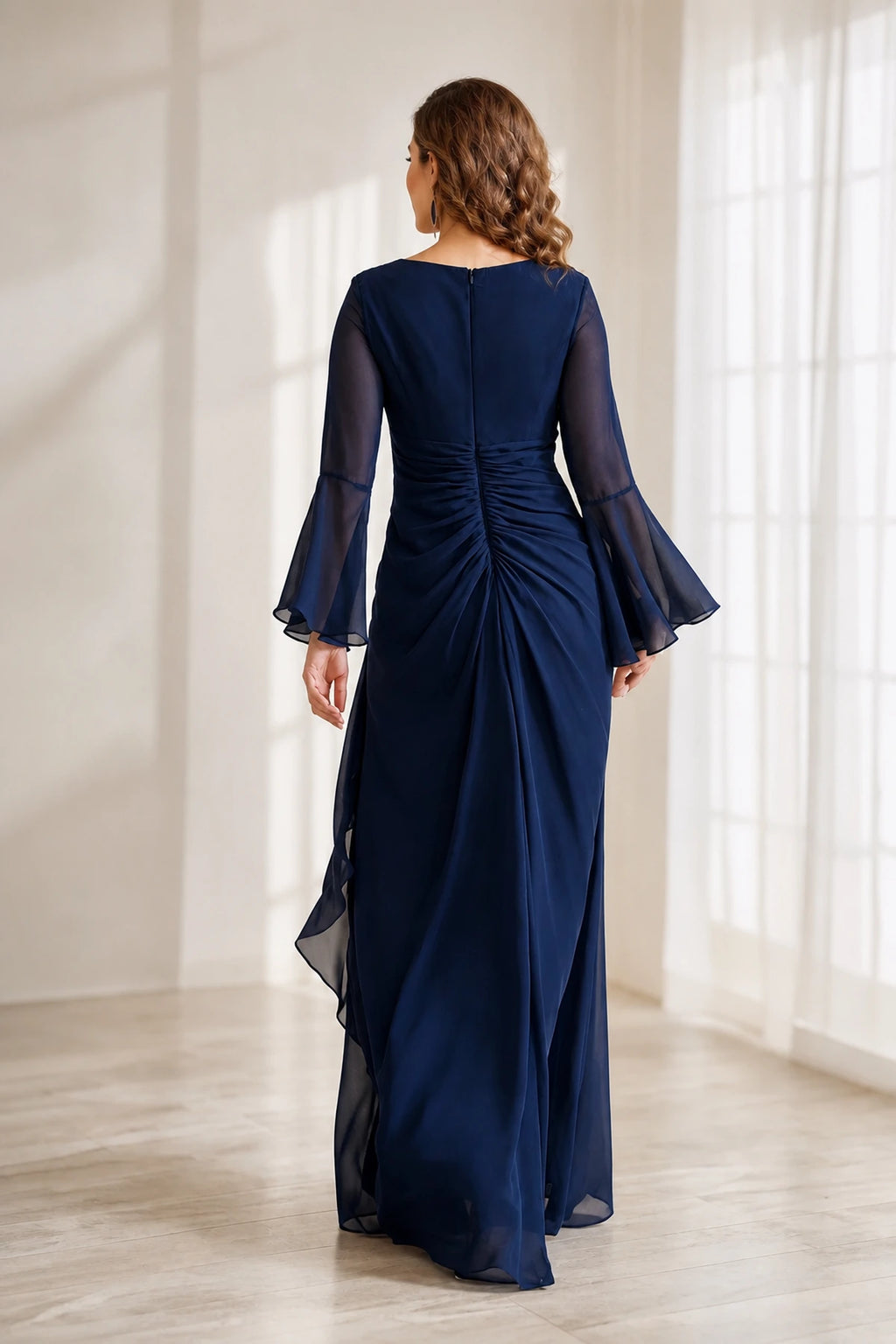 Navy floor-length Mother of the Bride Dress with sheer bell sleeves, ruched back and center zipper back view