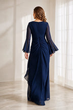 Navy floor-length Mother of the Bride Dress with sheer bell sleeves, ruched back and center zipper back view